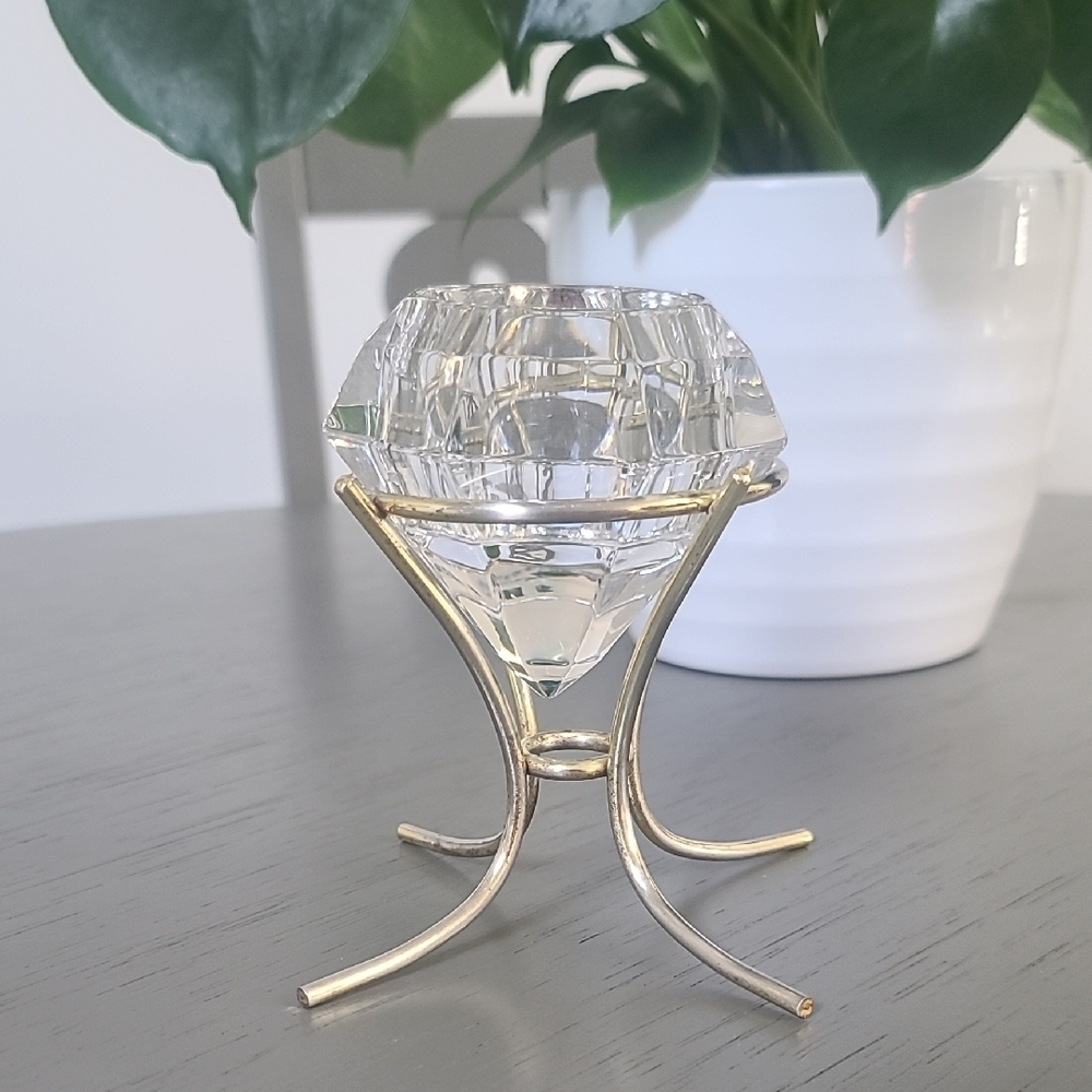 PartyLite Clear Crystal Glass Tealight Holder with Gold Metal Stand